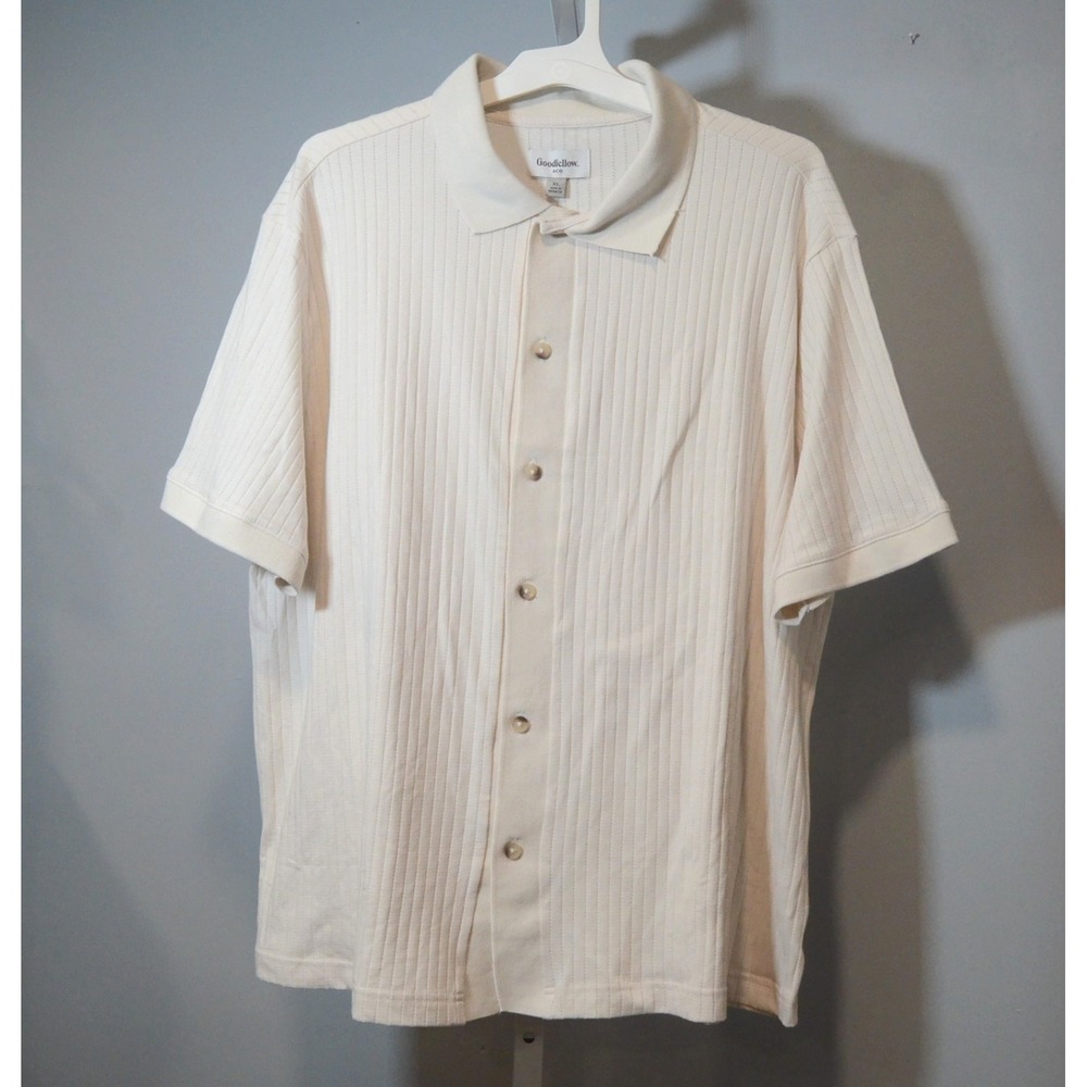 NWT Goodfellow & Co Men's XL Beige Ribbed Knit Button-up Shirt Short Sleeve